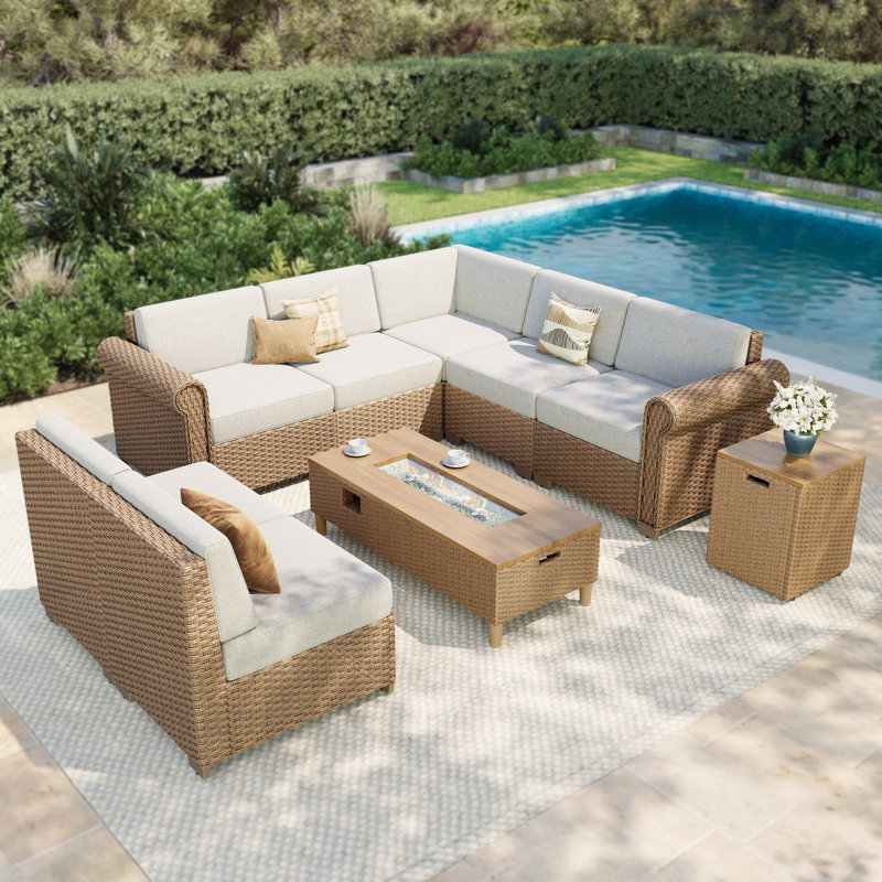 L Shape 7-Seat Outdoor Conversation Sofa Set With Fireplace, 3 Pcs: Fire Pit, Sectional, Side Table
