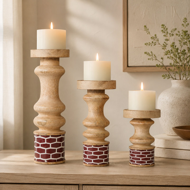 Gramercy Mango Wood Red Candle holders (Set of 3)