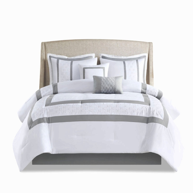 8 Piece Microfiber Embroidered Modern Comforter Set White/Red Cal King