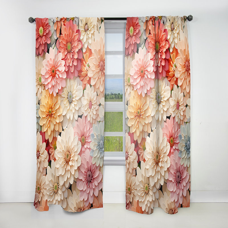 Bennison Collage of Beige Pink Zinnias Flowers - Zinnias Curtain - Velvet Room Darkening - 1 Panel, 52" W x 108" L