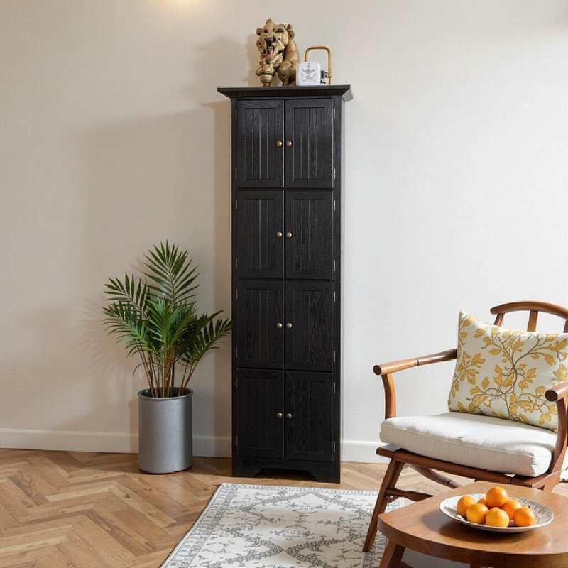 72 Tall Corner Pantry Cabinet With 8 Doors And 4 Tiers Solid Wood Storage Solution, Black