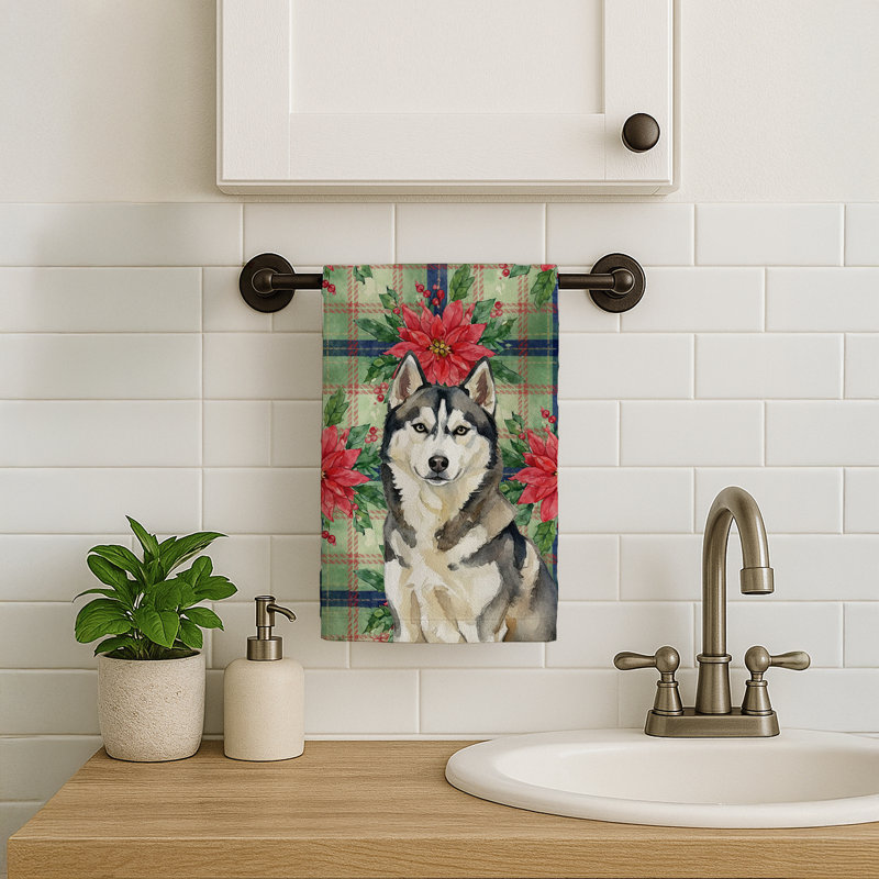 Agouti Siberian Husky Christmas PoinsettIas Kitchen Towel, Agouti Siberian Husky