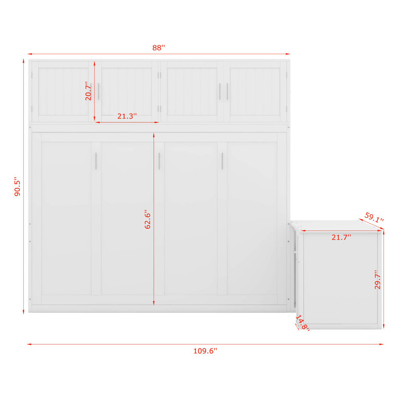 Grand lit escamotable mural avec bureau, tablettes et armoires, Blanc