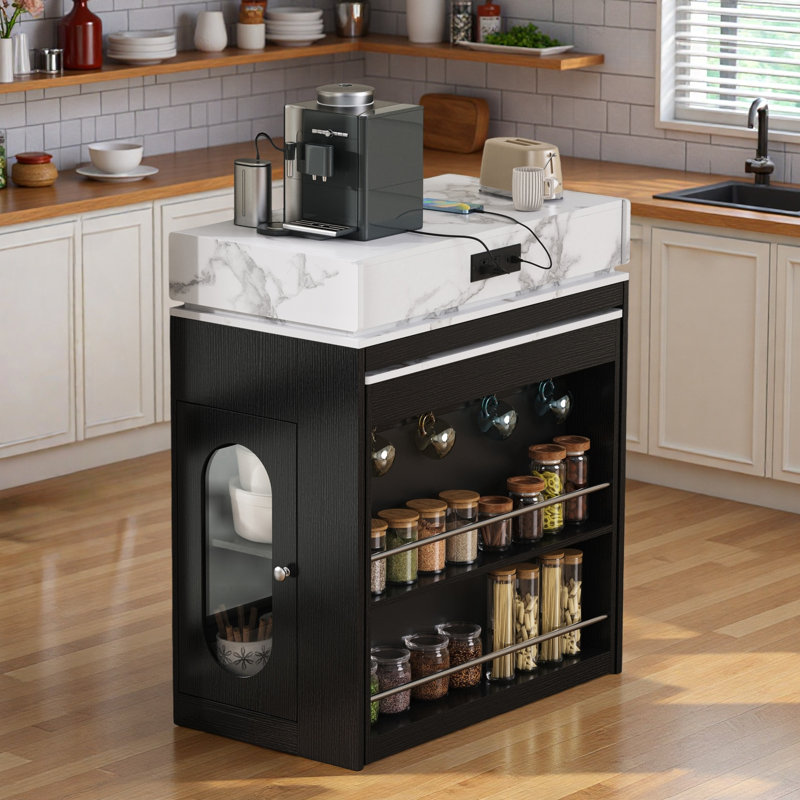 Kitchen Island With Extendable Dining Table, Drawers, Power Outlet, Wheels And Hooks, Black