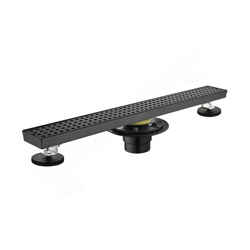 24 Inches Linear Shower Drain With Removable Quadrato Pattern Grate, 304 Stainless Shower Drain Included Hair Strainer And Leveling Feet, Flange