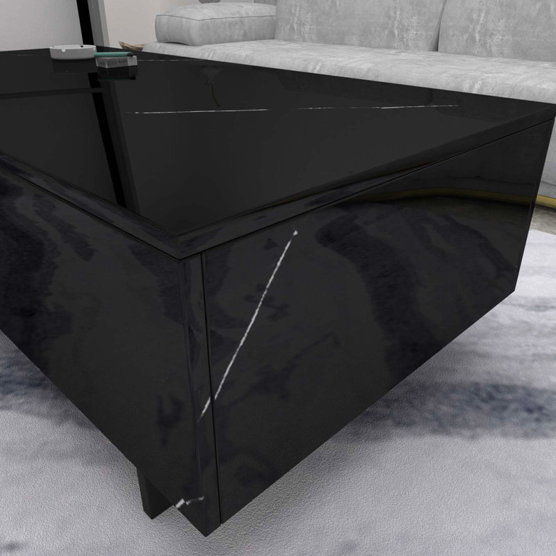 Khiry Sled Marble Rectangle High Gloss Coffee Table Elegant Center Table Side Table, 12.2" H x 42.5" L x 22" W, Black