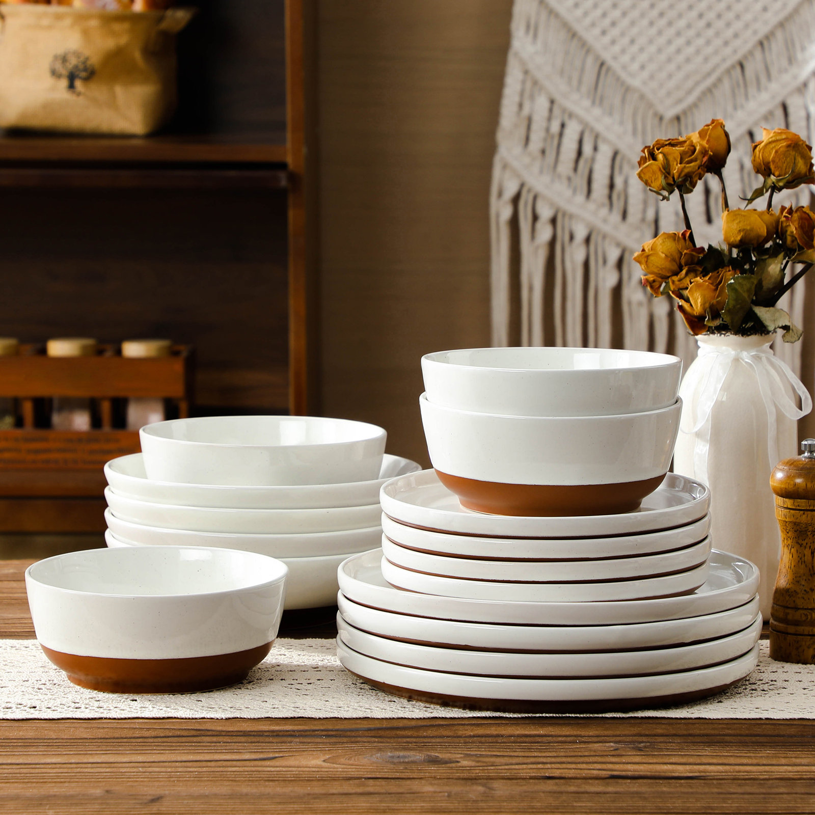 Organic Modern 16-Piece Dinnerware Set For 4, White Glaze With Exposed Khaki Clay Base, Earthy Two-Tone Tableware