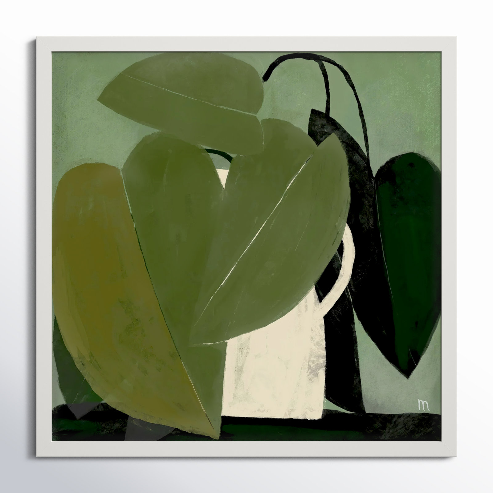 Plant "Green on Green" Painting, White, 30" H x 30" W x 1.25" D