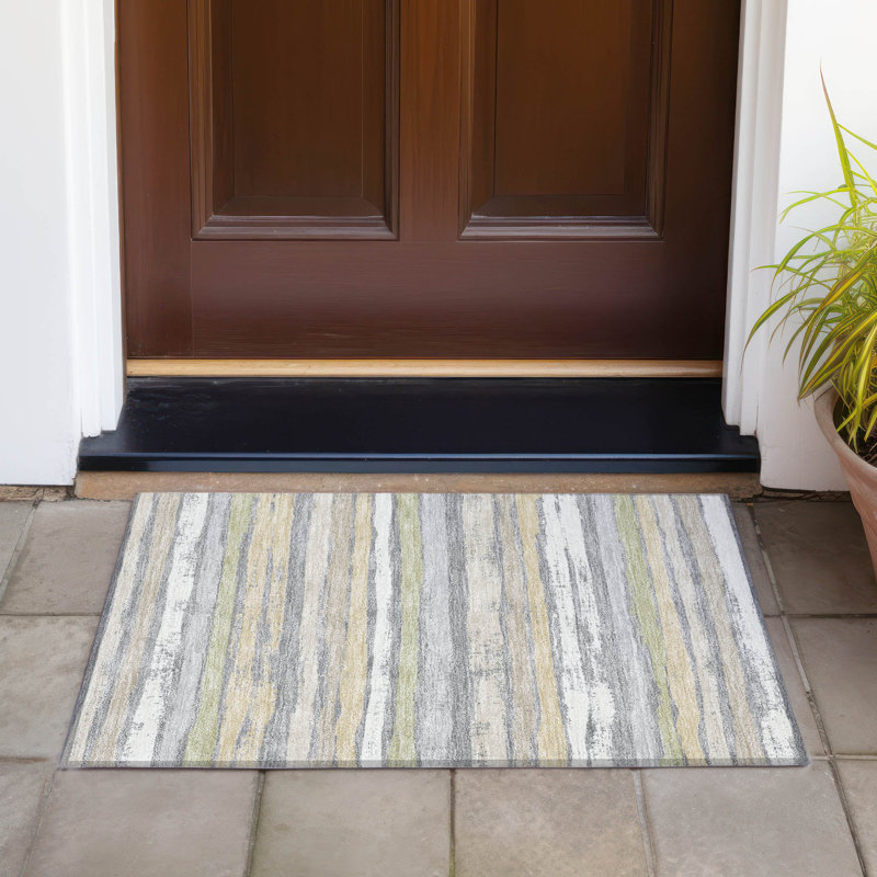 Gray and White Striped Synthetic Washable Indoor/Outdoor Rug 20" x 30"