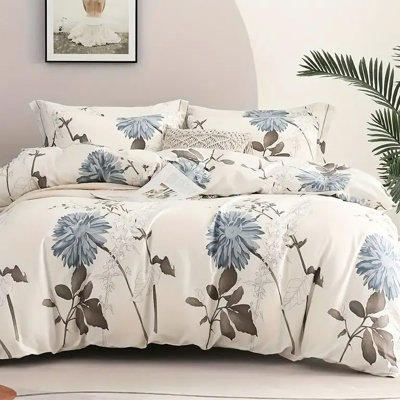 Housse de couette pour lit simple avec motif de grandes fleurs, mélange de coton à l'apparence de nuage, respirant pour toutes les saisons, avec bords renforcés, décoration de chambre à faible saturation, teinture à base de plantes, lait