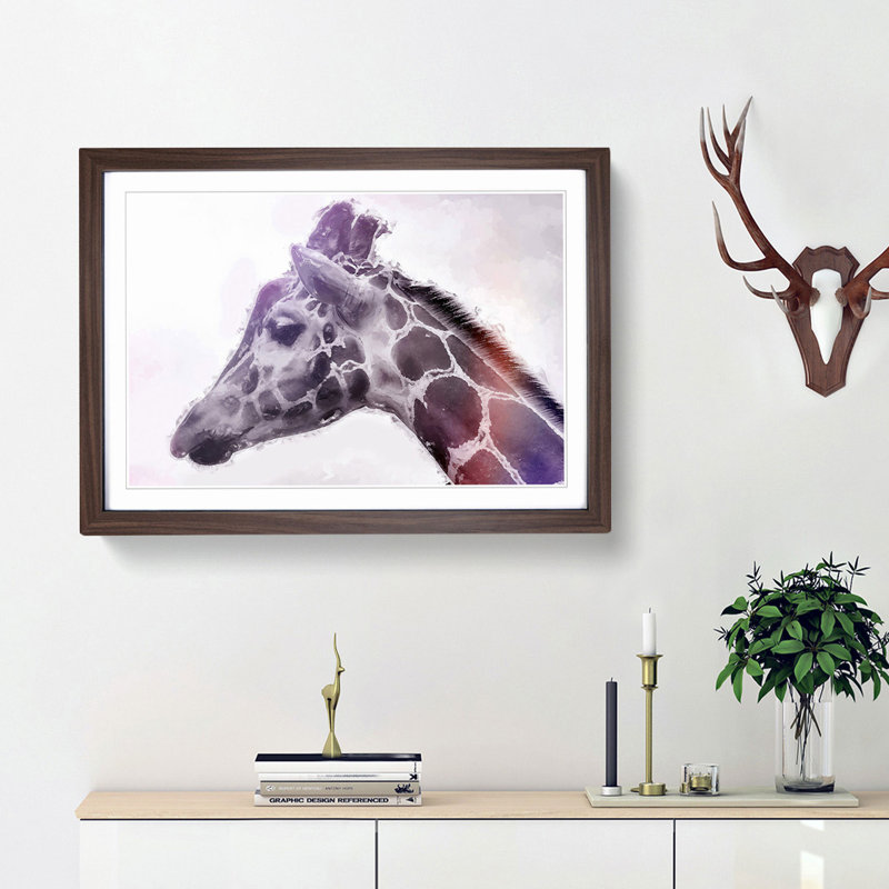 Giraffe with Purple Haze - Picture Frame Painting Print, Walnut Framed, 48cm H x 65cm W x 2cm D