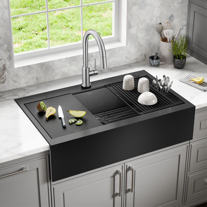 Delta Rivet™ Black Stainless Steel Retrofit Farmhouse Apron Front 16 Gauge Workstation Kitchen Sink Single Bowl