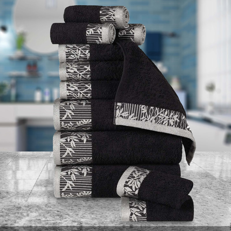 Carinna Cotton Medium Weight Floral Jacquard Border Assorted Bathroom Towel Set, Black, 12 Piece Towel Set