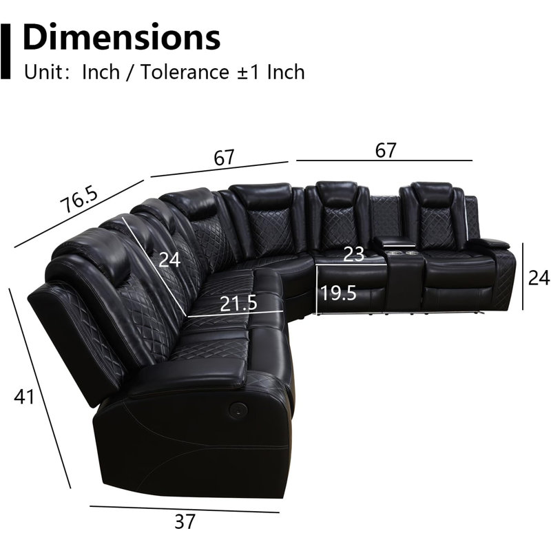 3-Pieces 210" Breathing Leather Power Reclining Theater Sectional With LED Lighting, Black