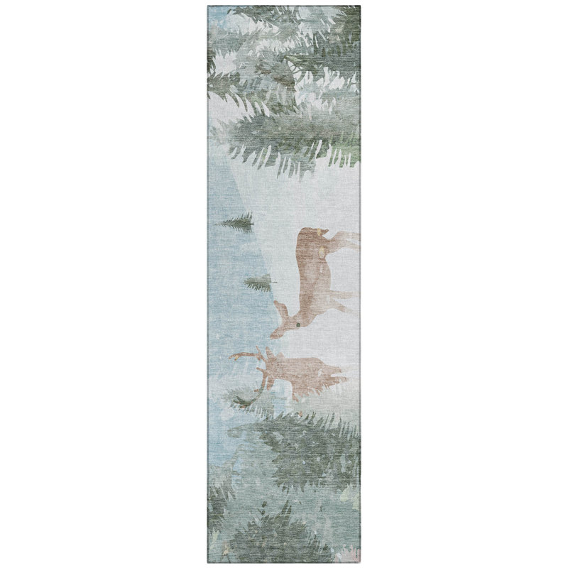 Washable Sky Blue and Green Reindeer Runner Rug
