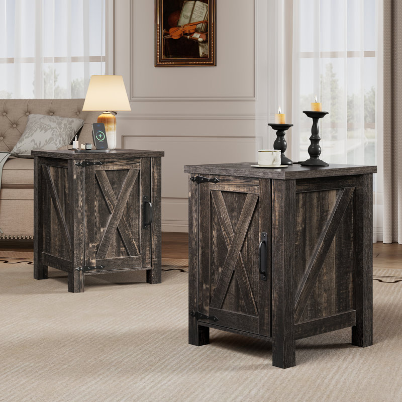 Adaija 24" Tall Charging Nightstand with Power Outlets & USB, Farmhouse End Table with Barn Door and 3-Level Shelf Storage, Rustic Bedside Table for Bedroom and Living Room