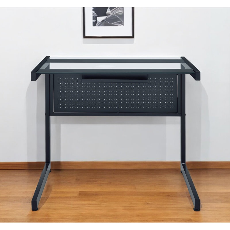 33" Clear and Black Glass and Stainless Steel Writing Desk