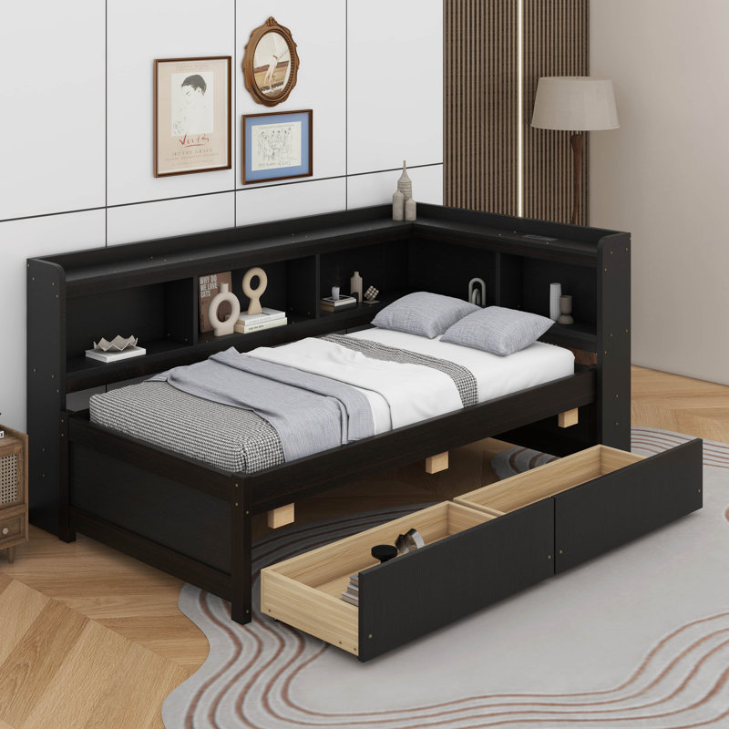 Lit simple en forme de L avec bibliothèques avec prises de courant, USB et deux tiroirs, Espresso