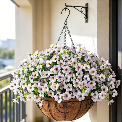 1Pcs Artificial Hanging Basket with Artificial Flowers, UV Resistant Faux Silk Flower Arrangement with Hanging Planter Basket, Fake Hanging Plant for Outdoor Porch Patio Garden Balcony Front Door Indoor Home Decor, No Watering Needed