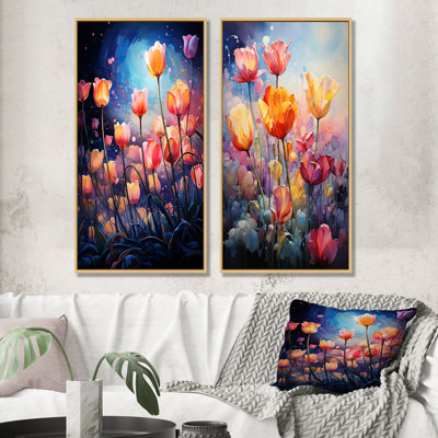 Tulipes célestes multicolores la nuit - Ensemble de 2 impressions sur toile