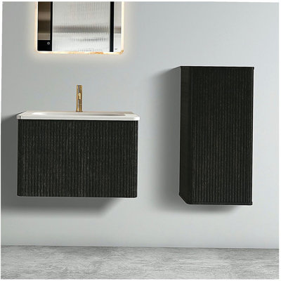 Table de salle de bain rayée brossée avec lavabo en céramique, table de salle de bain moderne pré-assemblée