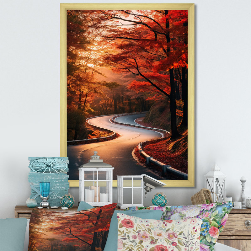 «Crimson Autumn Road Into Forest III» - art mural route, Cadre doré simple, H 32 po x l 16 po x P 1 po
