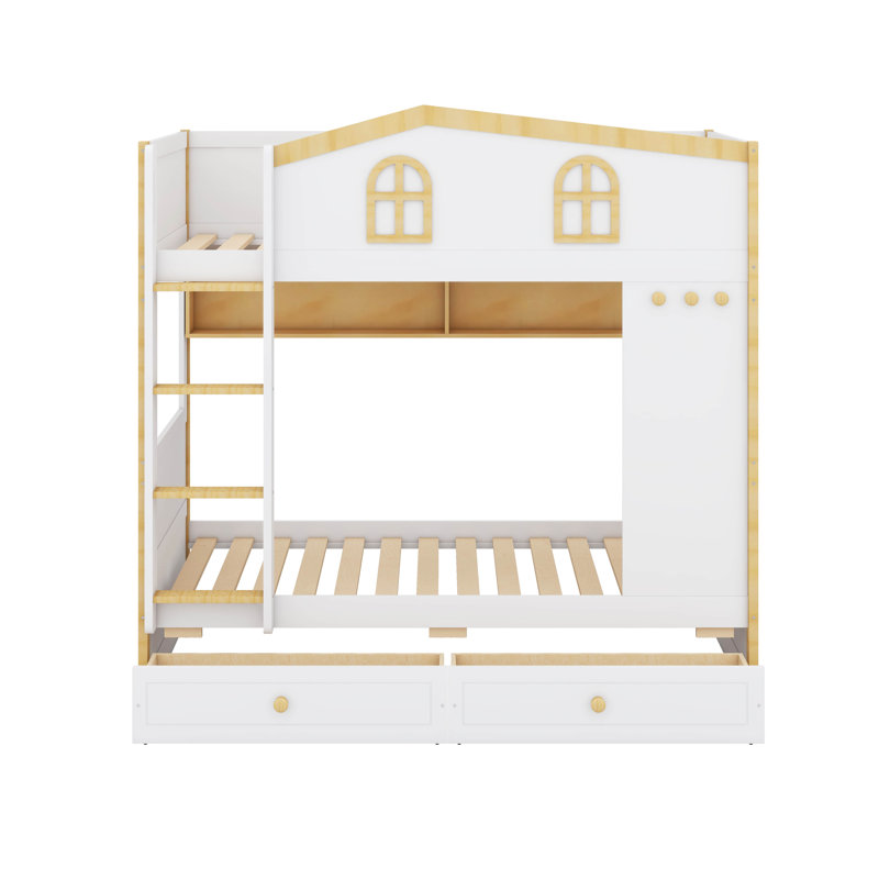 Lit superposé House avec tablettes de rangement et 2 tiroirs, lit superposé avec garde-corps en forme de maison et crochets intégrés