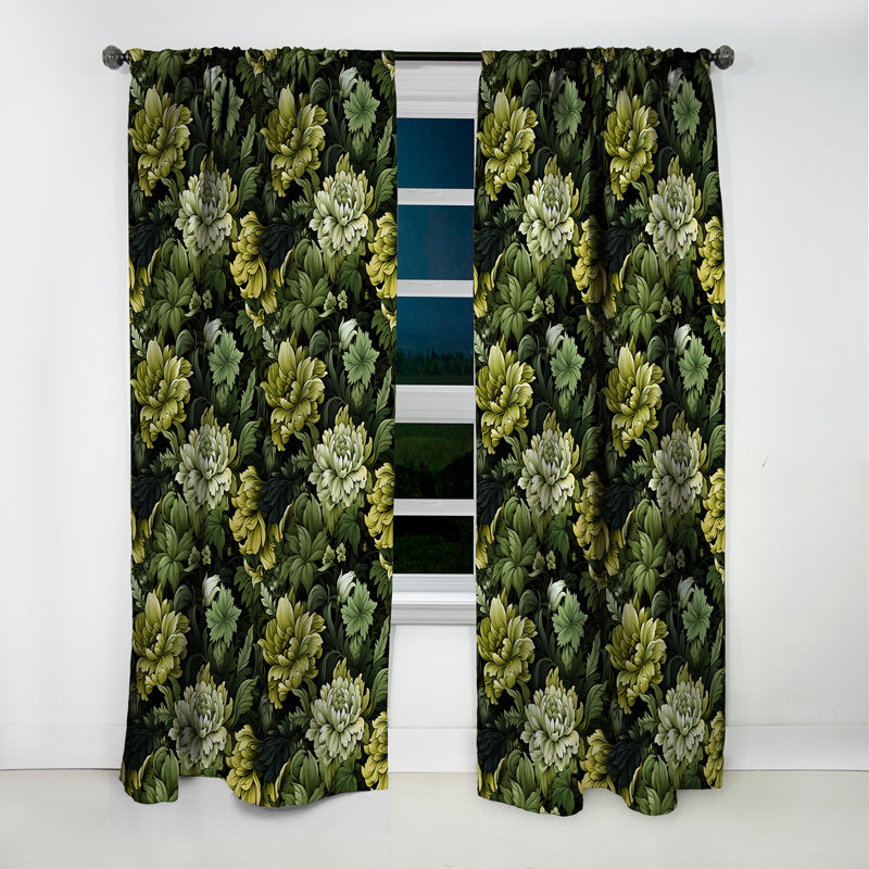 Rideau à motif damas tropical vert jungle, L 52 po x L 108 po