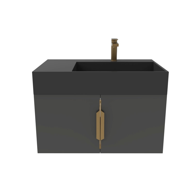 Ensemble de meuble-lavabo mural simple 30 po avec surface solide Amazon, Noir, Gris, Nickel brossé