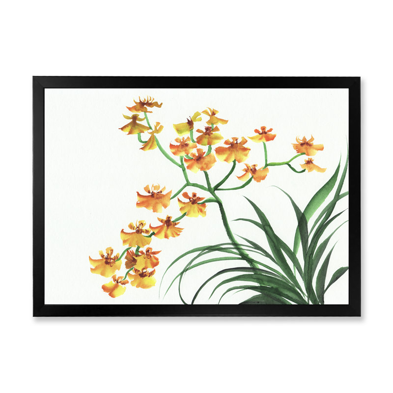 Orchidées jaunes rétro - peinture sur toile, H 24 po x l 32 po x P 1 po, Cadre noir