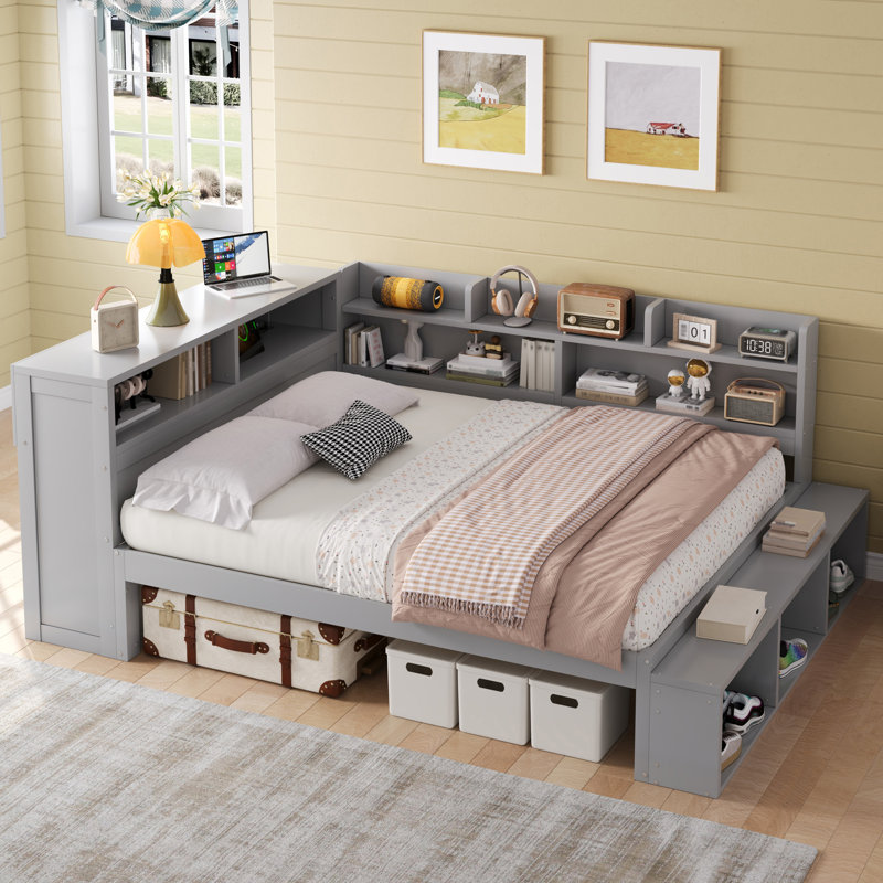 Full Size Daybed with Storage Cabinets, Shoe Rack & USB Charging Ports – Space-Saving Wooden Bed, Gray, Gray
