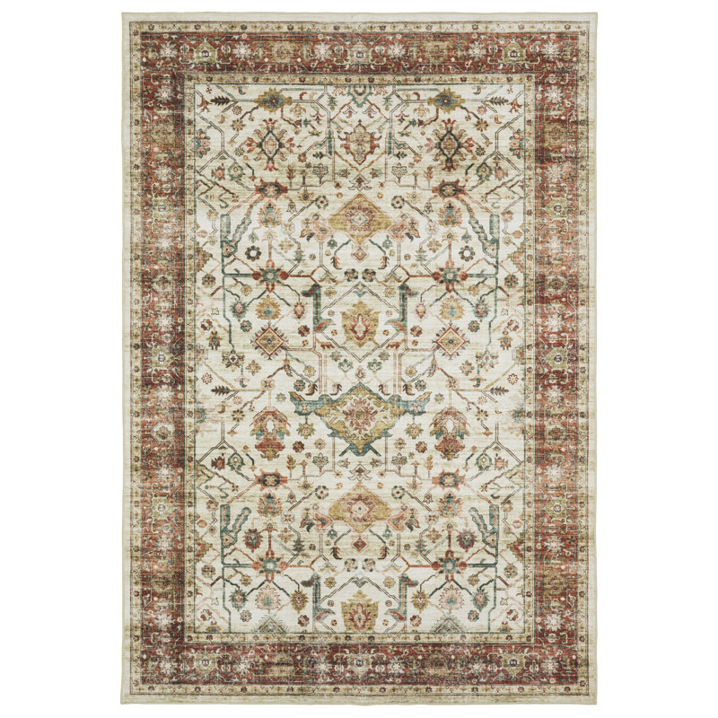 Silas Vintage Bordered Traditional Ivory/Red Washable Area Rug Mat, Rectangle 7'6" x 10'