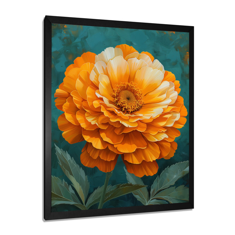 Jaune jaune vert fleuri souci - art mural souci, H 30 po x l 40 po, Cadre simple noir, bois massif