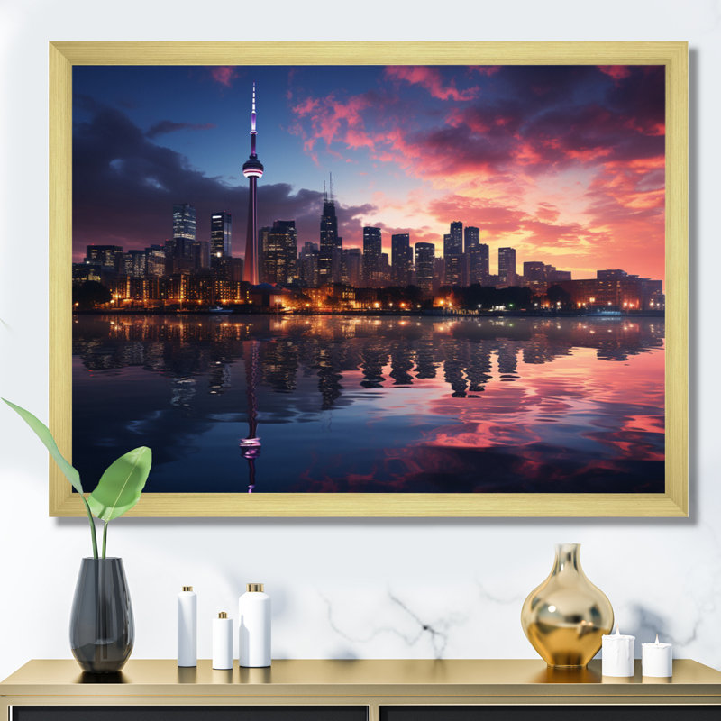 Toronto Canada Cityscape - Nautical & Beach Wall Art Living Room, H 16 po x l 32 po x P 1 po, Encadrement doré