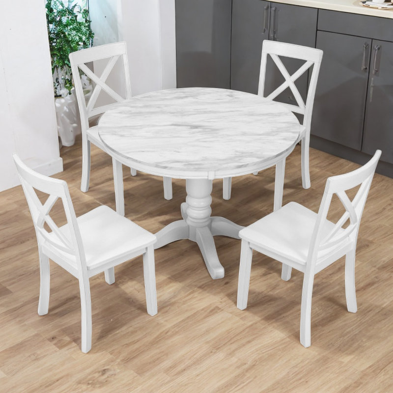 Kayelin 5 Pieces Dining Table Set Solid Wood Round Table with 4 Chairs, White
