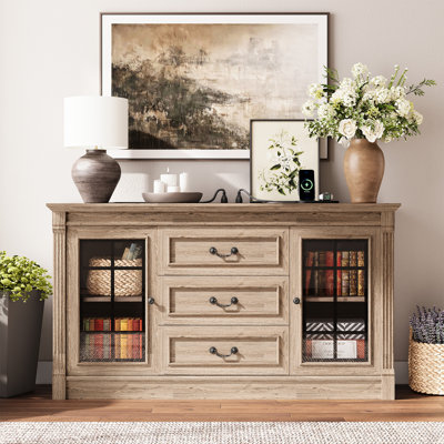 59" W TV Stand For TV Up To 65" With Outlets, Farmhouse Entertainment Center With 3 Drawers And 2 Storage Cabinets, Tv Console With Glass Doors For Living Room And Bedroom
