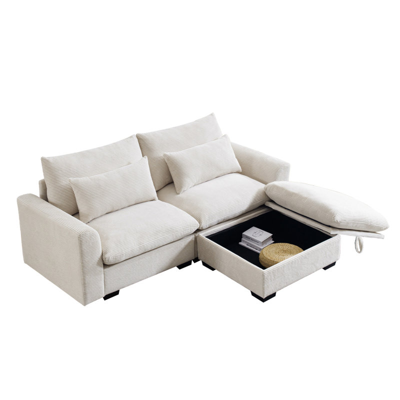 Canapé modulaire moderne confortable en velours côtelé pour le salon avec coussins et accoudoirs ronds, canapé-lit en velours côtelé avec repose-pieds profonds et repose-pieds, 2 places