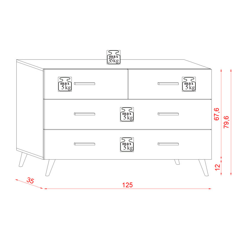 Katelin 4 Drawer 125Cm W Solid Wood Chest Of Drawers, White Matte/White Gloss