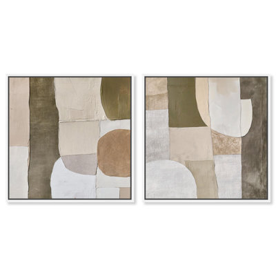 Olive Earthtone Diptych Canvas Print Beige Wall Decor Set by Art Remedy, White Frame, 12 x 12
