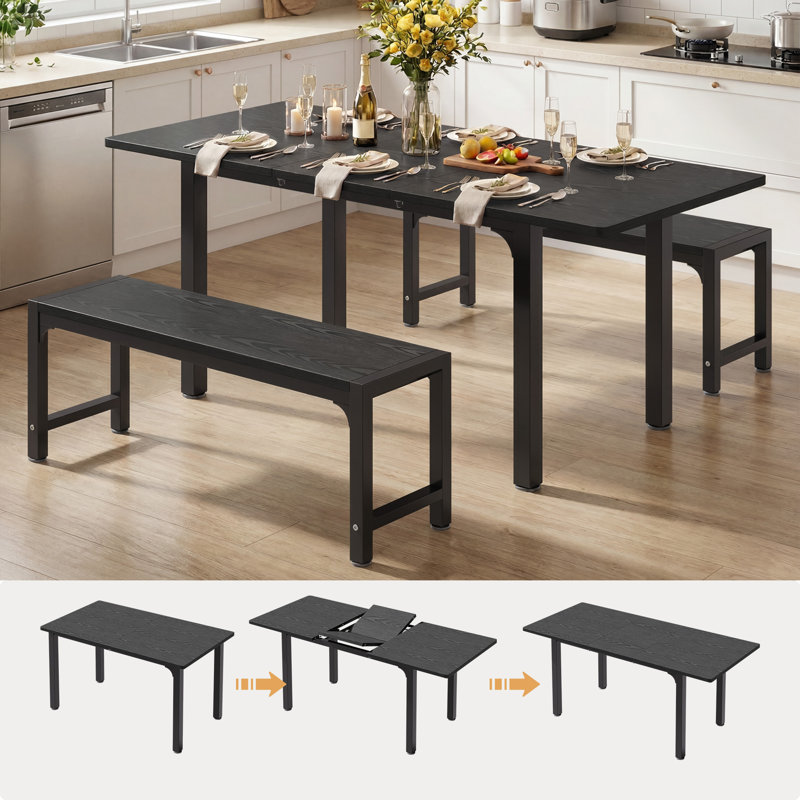63" Modern 3-Piece Extendable Dining Table Set with Smart-Flip Leaf and 2 Benches, Space-Saving Kitchen Table Set Seats 4-6 for Apartment and Dining Room