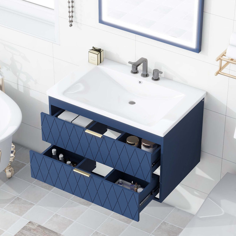Meuble-lavabo mural avec lavabo en résine et 2 tiroirs