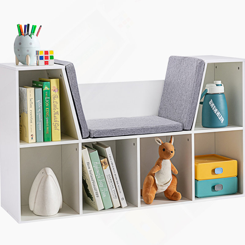 Bibliothèque pour 6 enfants avec coin lecture et coussin, rangement polyvalent pour la chambre à coucher, le salon, Pure