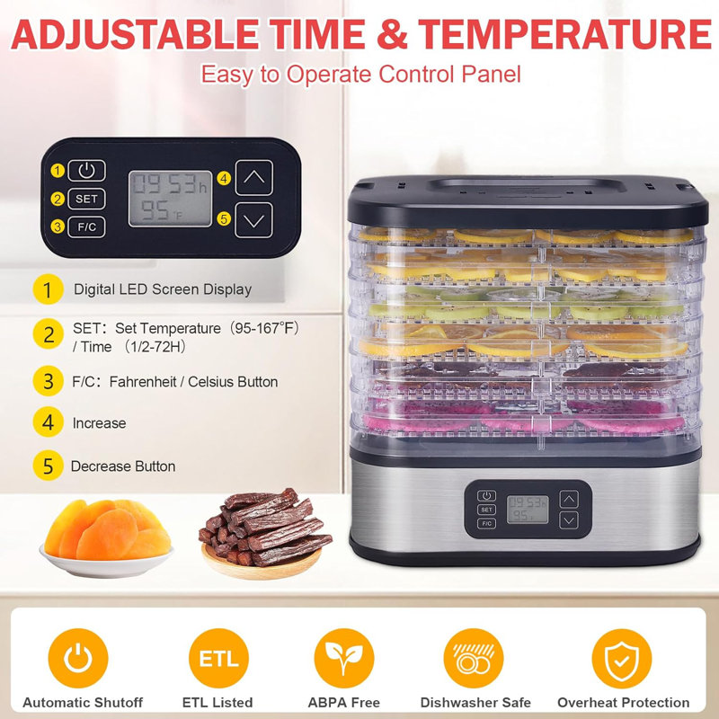 6-Tray Stainless Steel Food Dehydrator with Adjustable Timer and Thermostat
