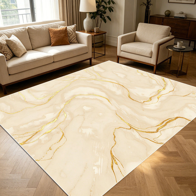 1PC Gold Foil Cream Marble Fluid Print area rugs for Living Room, Soft and Comfortable, Suitable for all seasons, easy-to-maintain, machine washable Indoor floor mat, Under Table Farmhouse suitable for dining table, bedroom corner, kitchen floor,