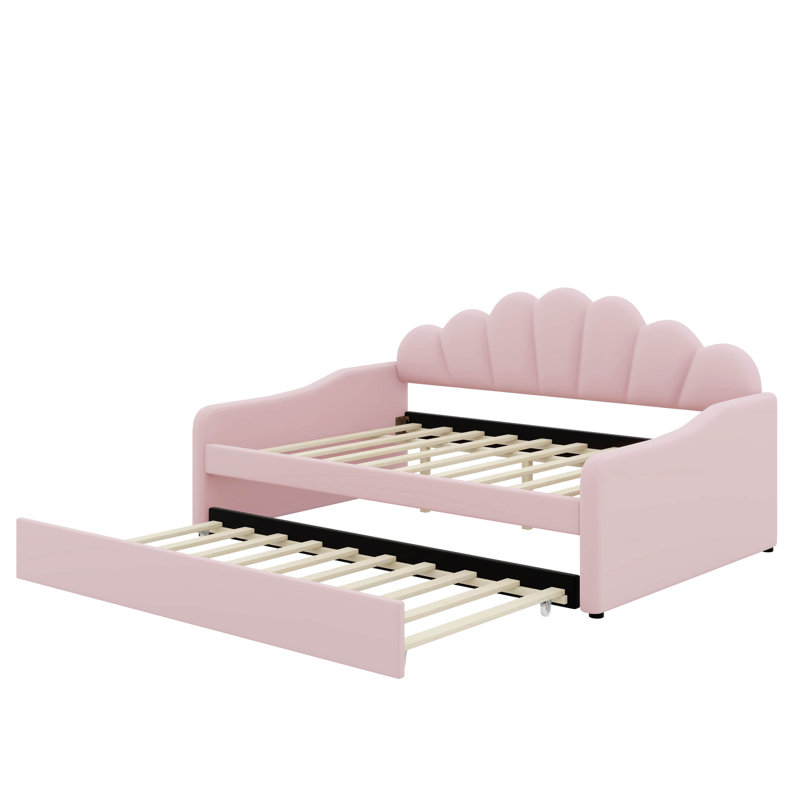 Structure de lit de jour double rembourrée avec dossier et lit gigogne, Rose
