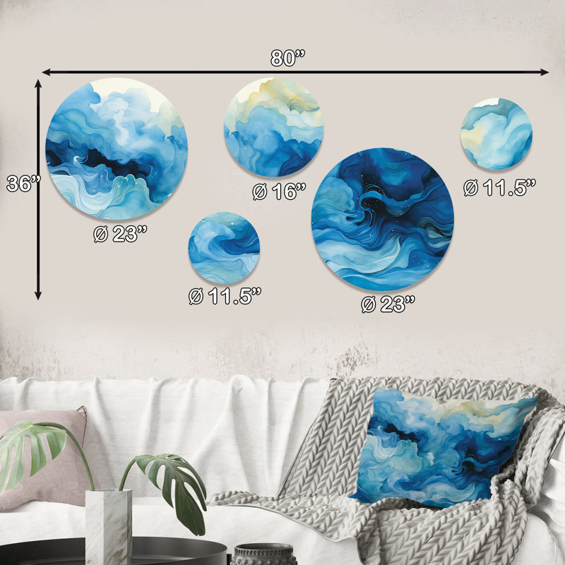 Blue Tidal Ripple Symphony - ensemble de 5 collages abstraits ronds