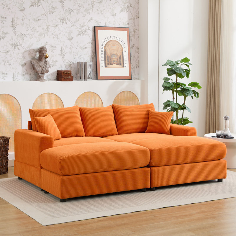 Modern Sofa Sectional Couch , 2 Pieces Corduroy Couch Cushion Covers , Soft Stretch Sofa Slipcovers With 2Pcs Pillows, Orange