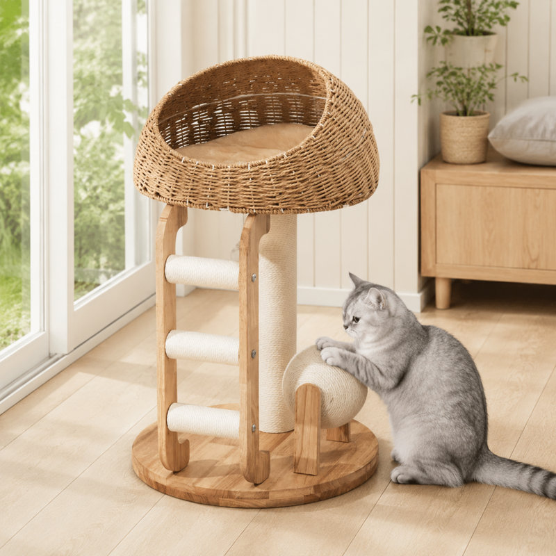 Arbre à chat compact en bois avec lit panier tressé, poteau à griffer en sisal, échelle d'escalade et boule à gratter