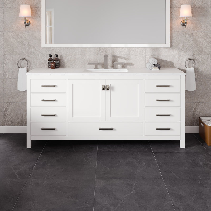 Aberdeen Meuble-lavabo simple blanc avec comptoir en quartz Carrara et lavabo en porcelaine encastré