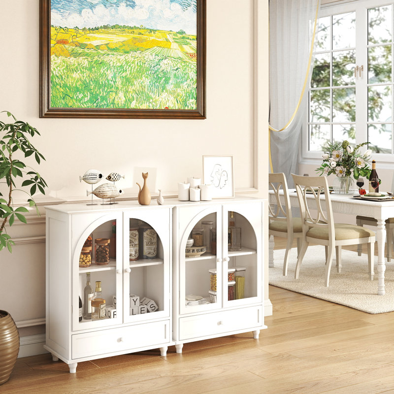 Buffet de ferme arqué à porte en verre, buffet blanc avec plateau à niveaux et 1 tiroir